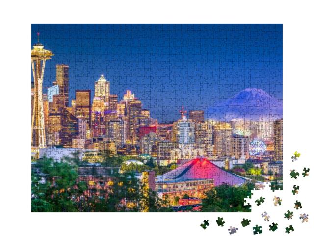 Seattle, Washington, USA Downtown Skyline At Night with Mt... Jigsaw Puzzle with 1000 pieces