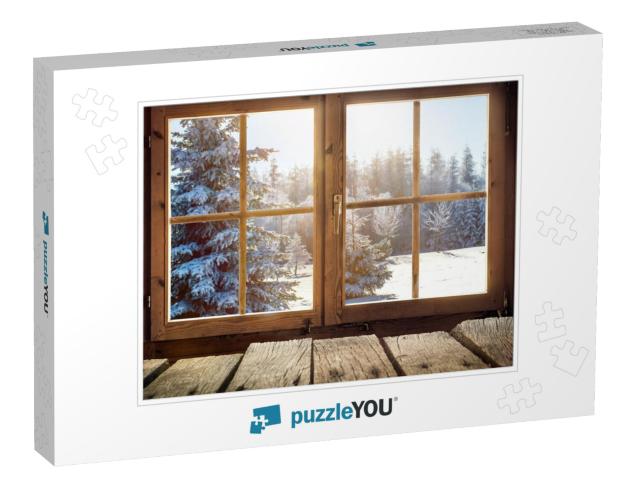 View Through the Window of a Cottage Into a Snow-Covered... Jigsaw Puzzle