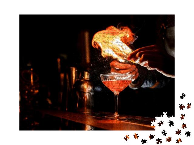 Barman`S Hands Making a Fresh Alcoholic Cocktail with a S... Jigsaw Puzzle with 1000 pieces