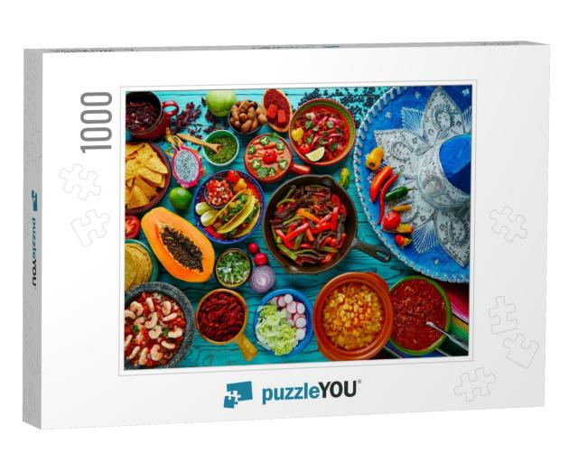 Mexican Food Mix Colorful Background Mexico & Sombrero... Jigsaw Puzzle with 1000 pieces