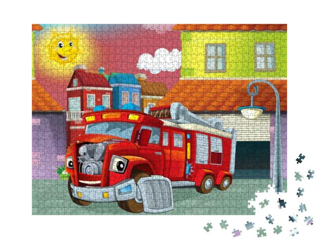Cartoon Mechanic Workshop - Repairing Firetruck - Illustr... Jigsaw Puzzle with 1000 pieces