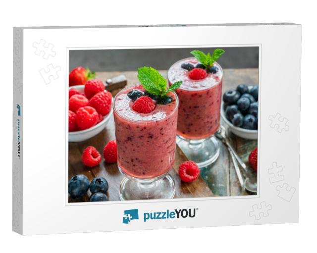Mixed berry smoothie garnished with fresh fruit an Jigsaw Puzzle