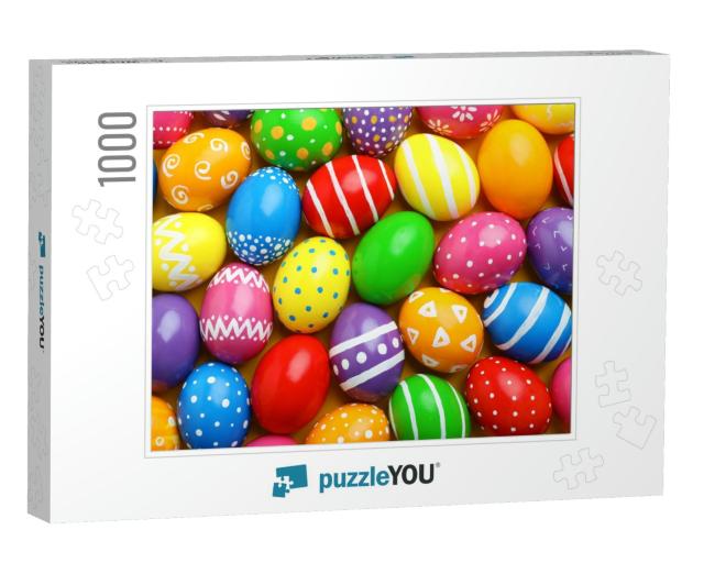 Many Decorated Easter Eggs as Background, Top View. Festi... Jigsaw Puzzle with 1000 pieces
