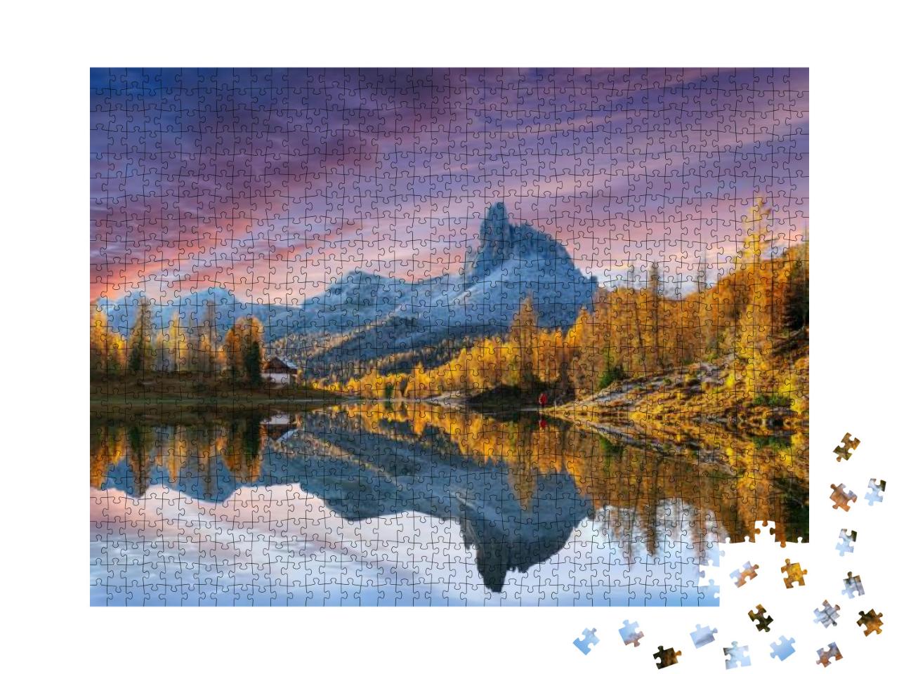 Autumn View of Lake Federa in Dolomites At Sunset. Fantas... Jigsaw Puzzle with 1000 pieces