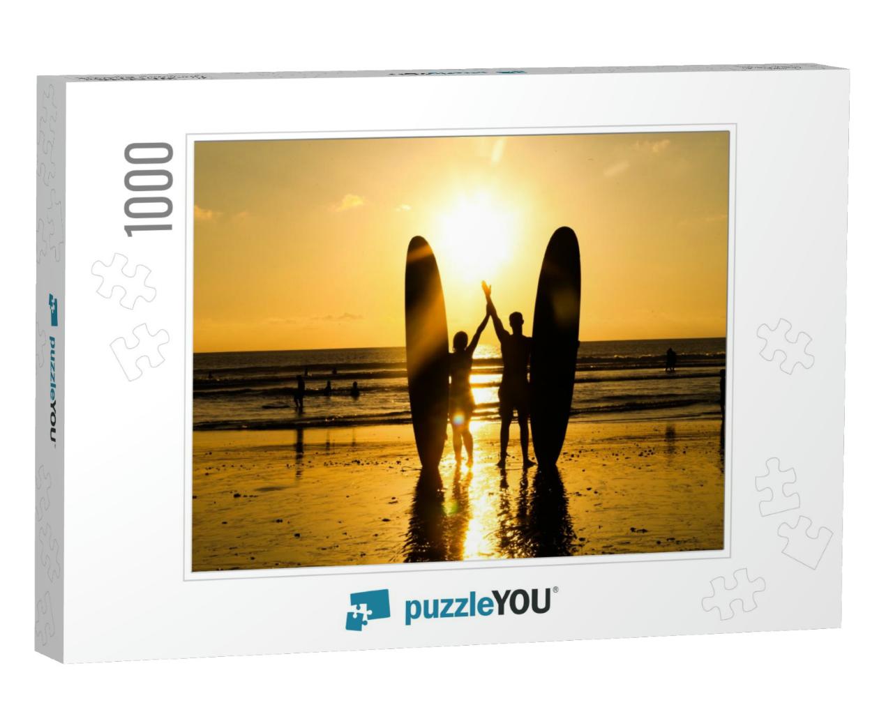 Surfer Couple in Silhouette Holding Long Surf Boards At S... Jigsaw Puzzle with 1000 pieces