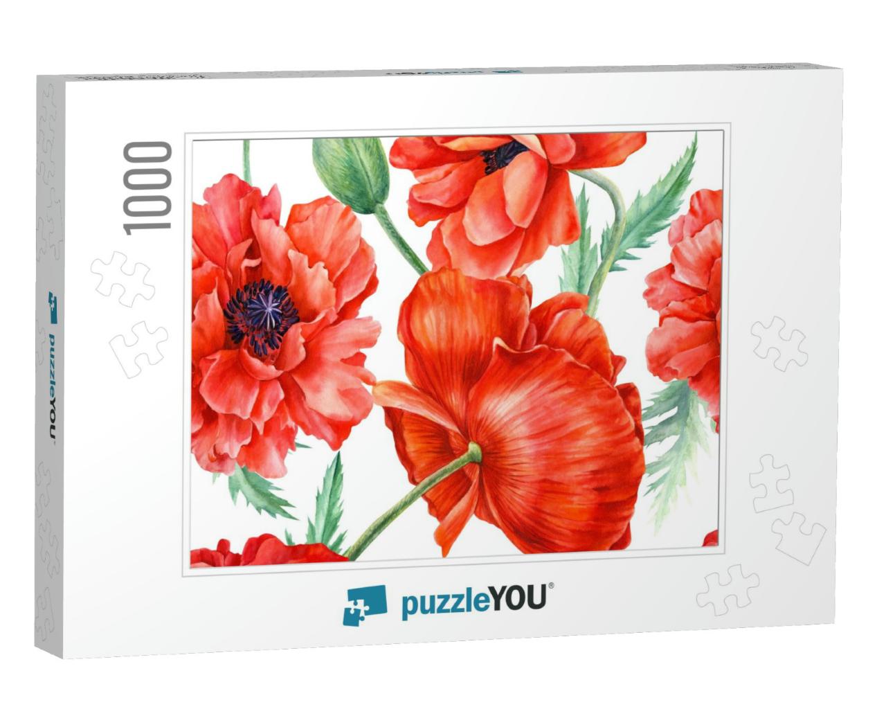 Red Poppies Flowers on Isolated Background, Watercolor Il... Jigsaw Puzzle with 1000 pieces