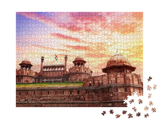 Lahore Gate of Red Fort with Indian National Flag in Old... Jigsaw Puzzle with 1000 pieces
