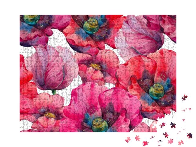 Watercolor Poppies, Seamless Botanical Pattern for Design... Jigsaw Puzzle with 1000 pieces