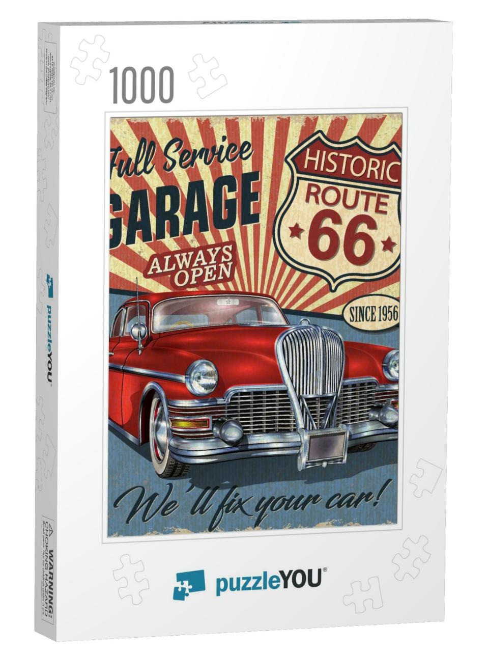 Vintage Route 66 Garage Retro Poster with Retro Car... Jigsaw Puzzle with 1000 pieces