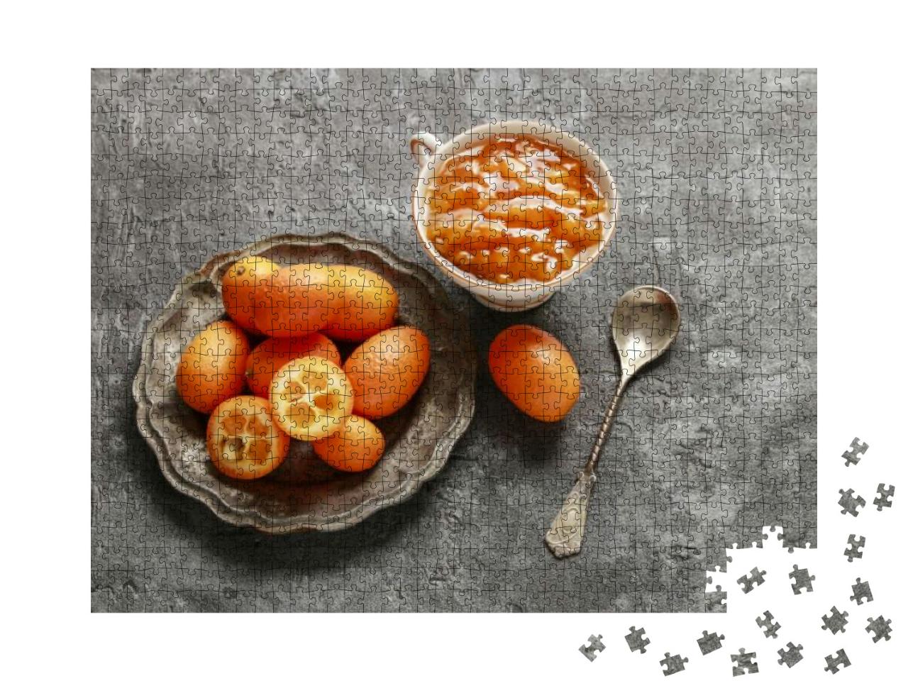 Bowl of Ripe Kumquats & Porcelain Cup with Kumquat Jam... Jigsaw Puzzle with 1000 pieces