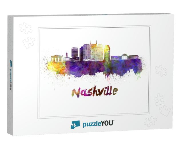 Nashville Skyline in Watercolor Splatters with Clipping P... Jigsaw Puzzle