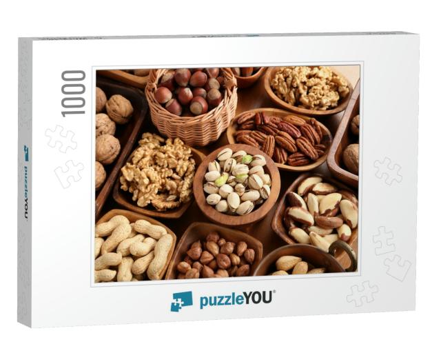 A Variety of Nuts in Wooden Bowls... Jigsaw Puzzle with 1000 pieces