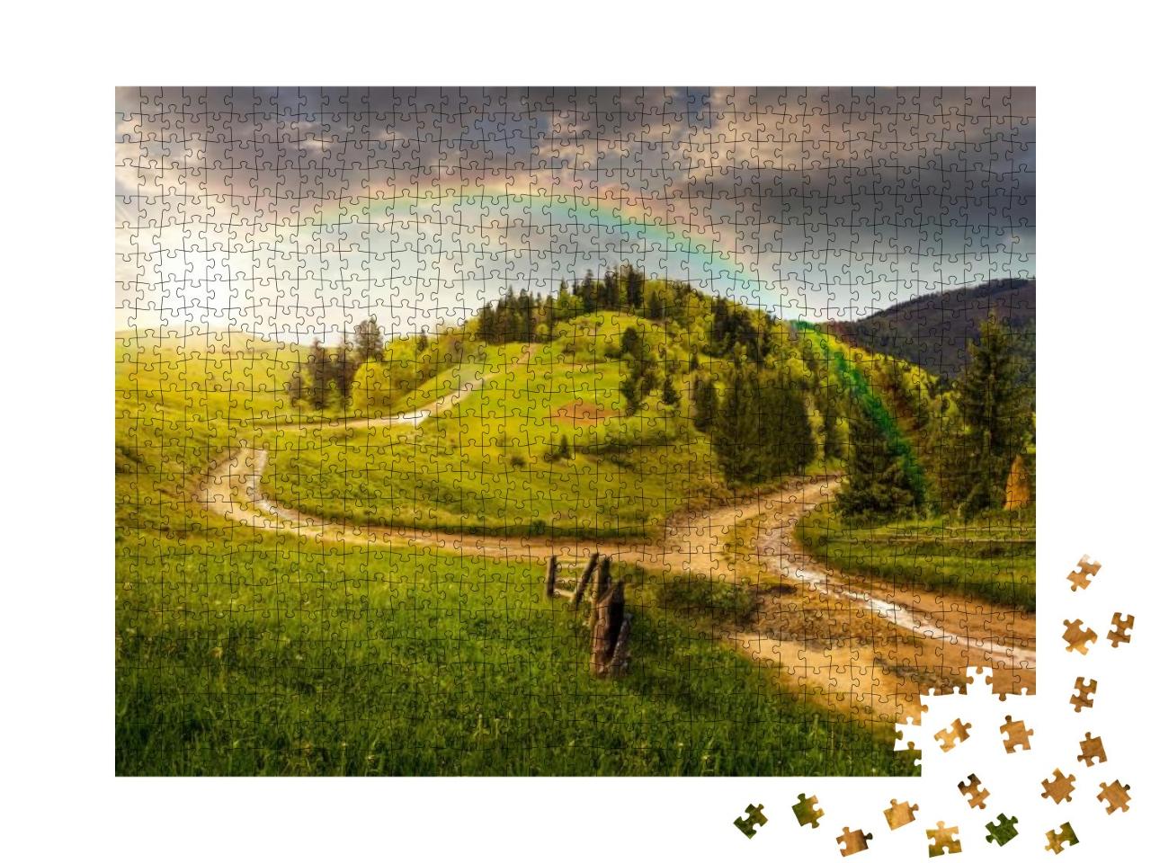 Composite Autumn Landscape. Fence Near the Cross Road on... Jigsaw Puzzle with 1000 pieces