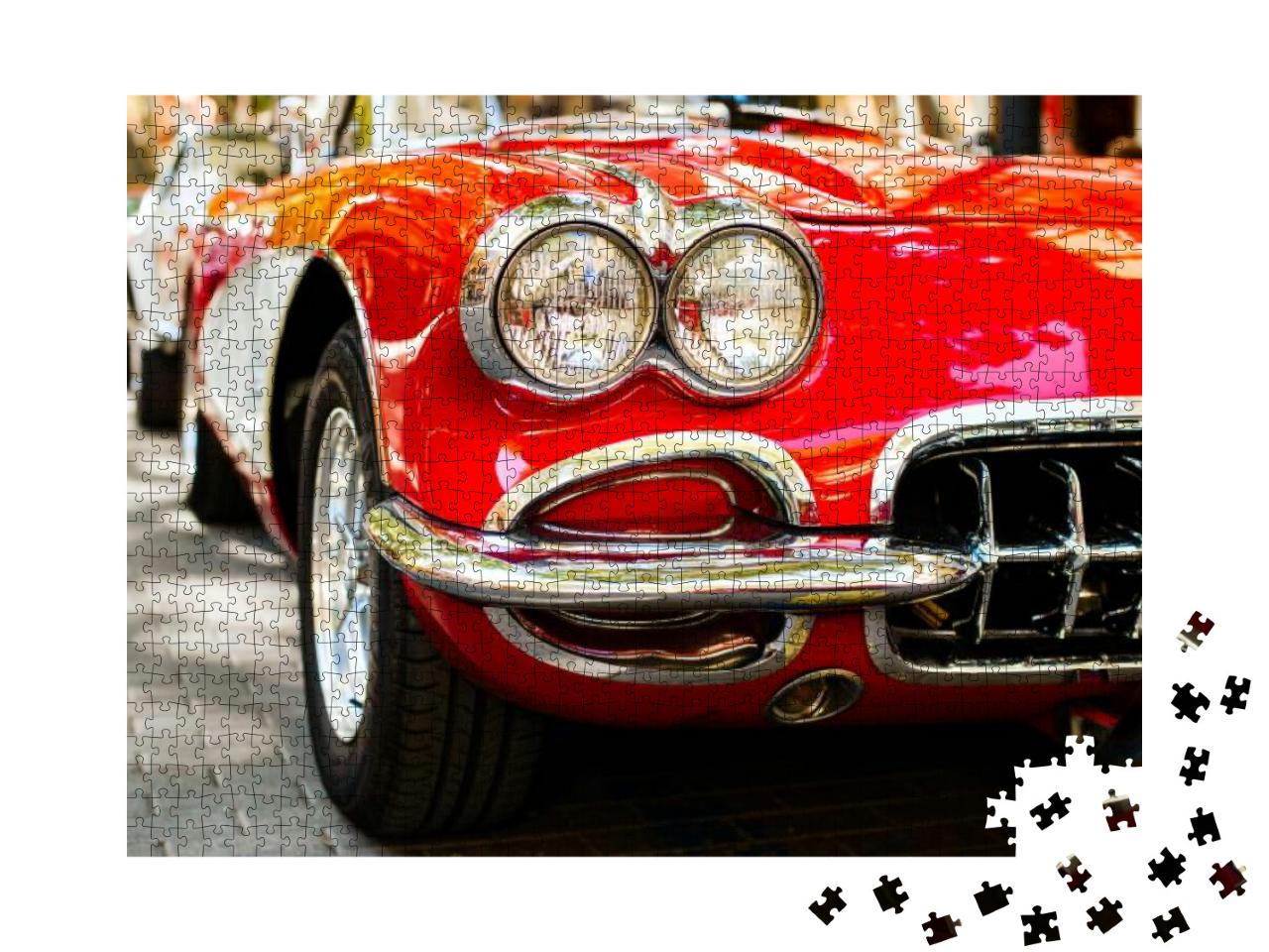 Close-Up of Headlights of Red Vintage Car. Exhibition... Jigsaw Puzzle with 1000 pieces