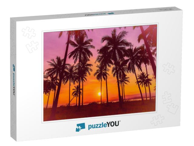 Silhouette Coconut Palm Trees on Beach At Sunset. Vintage... Jigsaw Puzzle