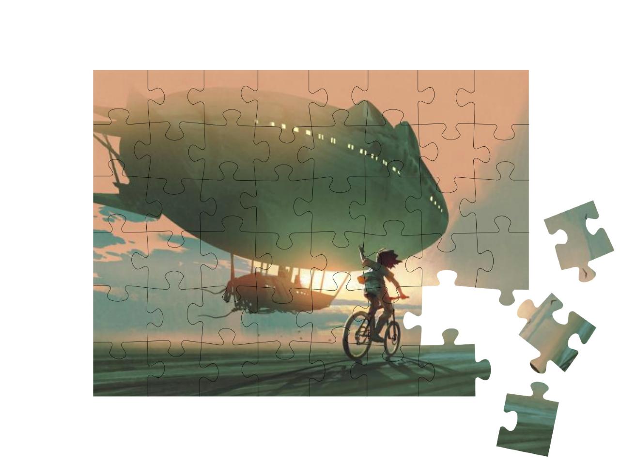 Kid Rides a Bicycle Waving Good Bye to the Airship At Sun... Jigsaw Puzzle with 48 pieces