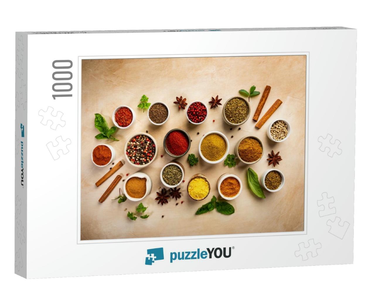 Herbs & Spices in Bowels Over Light Background. Top View... Jigsaw Puzzle with 1000 pieces