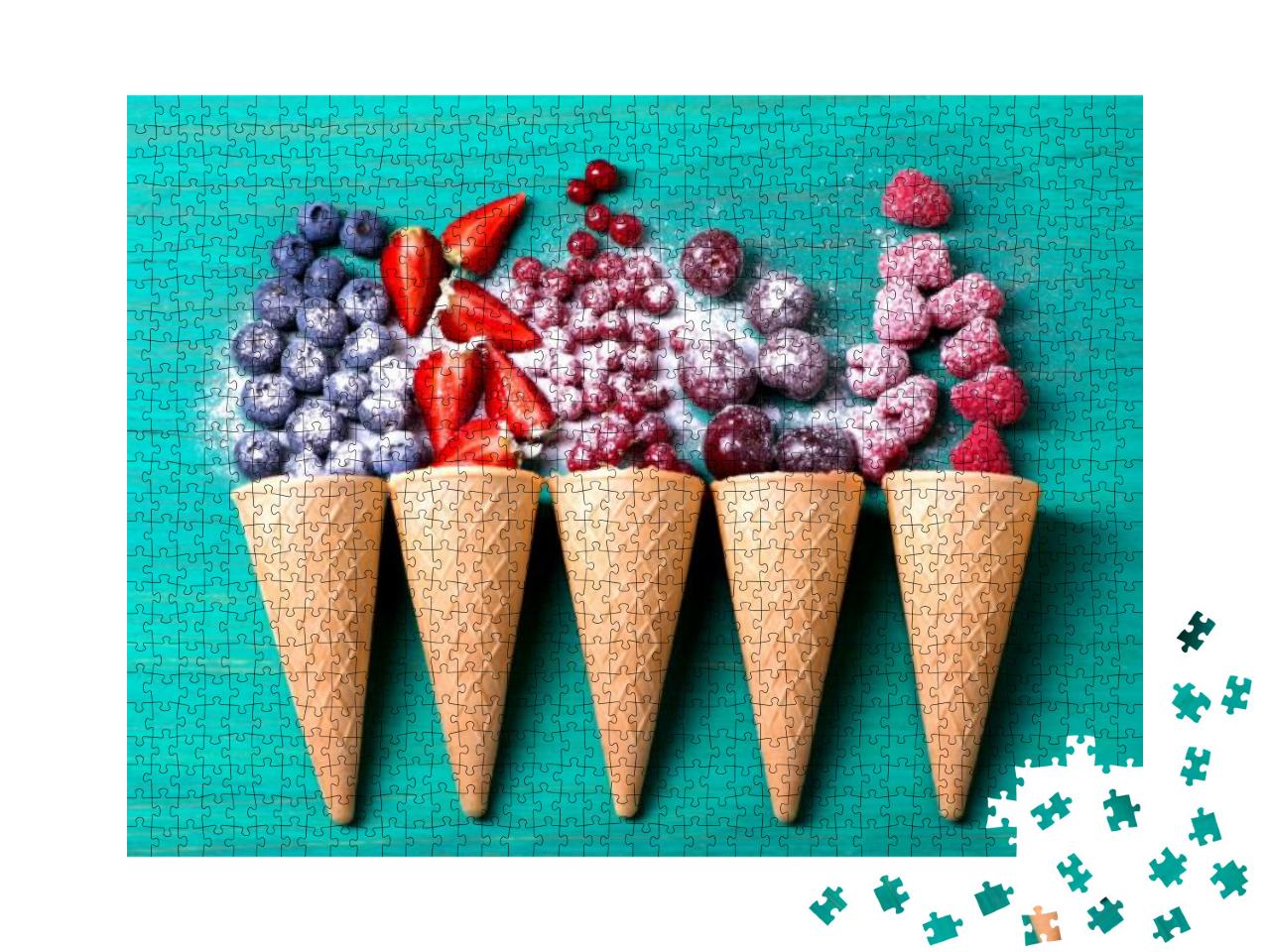 Berries Poured Out from Cones on a Gray Table. Top View... Jigsaw Puzzle with 1000 pieces