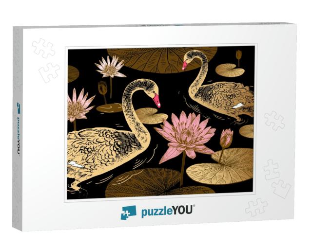 Seamless Pattern with Birds Swans, Flowers & Leaves of Wa... Jigsaw Puzzle