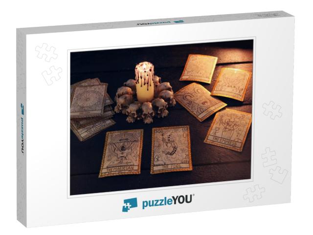 The Tarot Cards with Evil Candle. Halloween & Ma... Jigsaw Puzzle