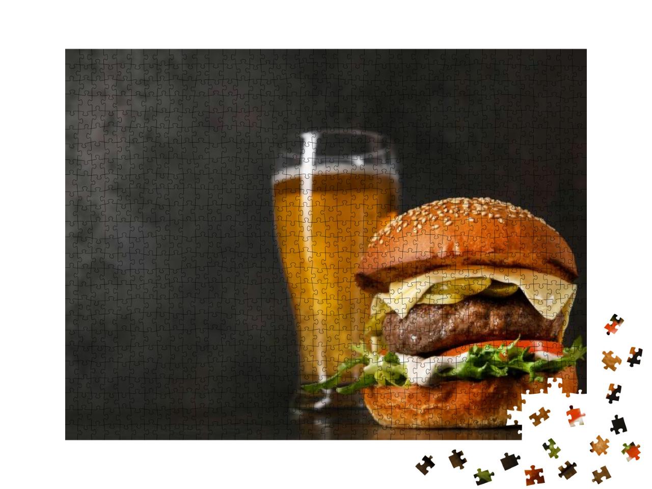Delicious Classic Burger with Cutlet & Glass of Cold Beer... Jigsaw Puzzle with 1000 pieces