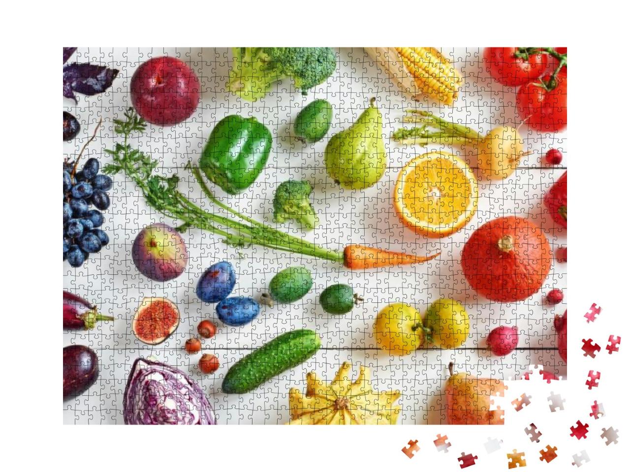 Rainbow Colored Fruits & Vegetables on a White Table. Jui... Jigsaw Puzzle with 1000 pieces