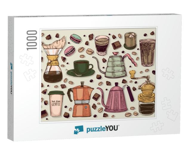 Vector Hand Drawn Sketch Style Vintage Coffee Makers Set... Jigsaw Puzzle with 1000 pieces