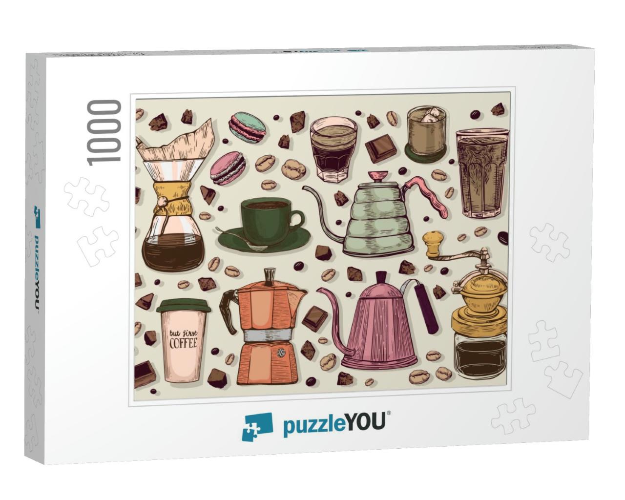 Vector Hand Drawn Sketch Style Vintage Coffee Makers Set... Jigsaw Puzzle with 1000 pieces