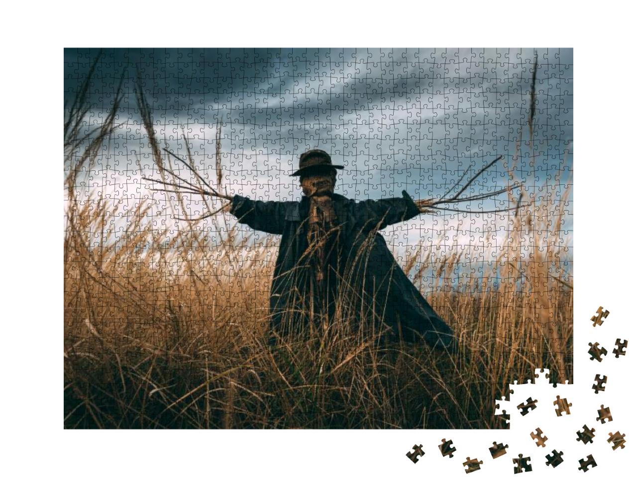 Scary Scarecrow in a Hat on a Cornfield in Cloudy Weather... Jigsaw Puzzle with 1000 pieces