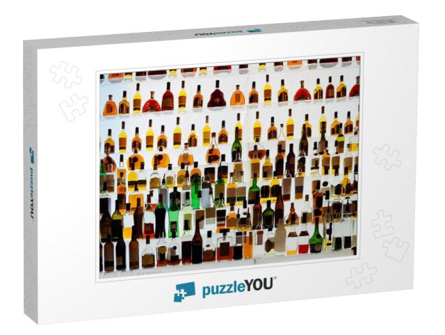 Various Alcohol Bottles in a Bar, Back Light, All Logos R... Jigsaw Puzzle