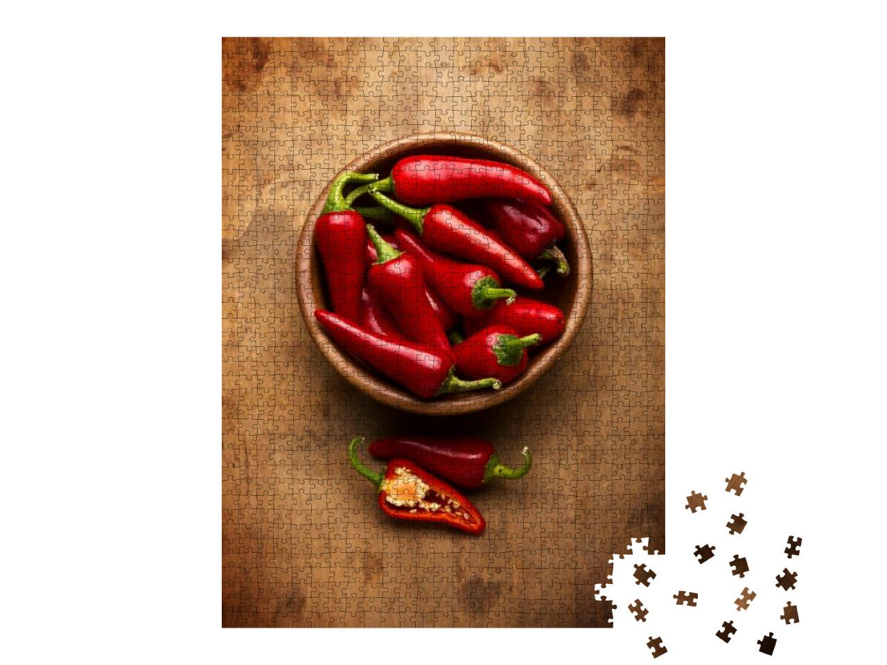 Red Hot Chili Peppers in Bowl Over Wooden Background... Jigsaw Puzzle with 1000 pieces