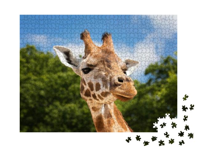 Front on View of a Giraffe Against Green Foliage & Blue S... Jigsaw Puzzle with 1000 pieces