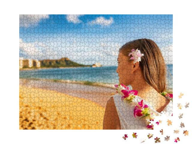 Hawaii Woman Wearing Lei Flower Necklace & Hair Accessory... Jigsaw Puzzle with 1000 pieces