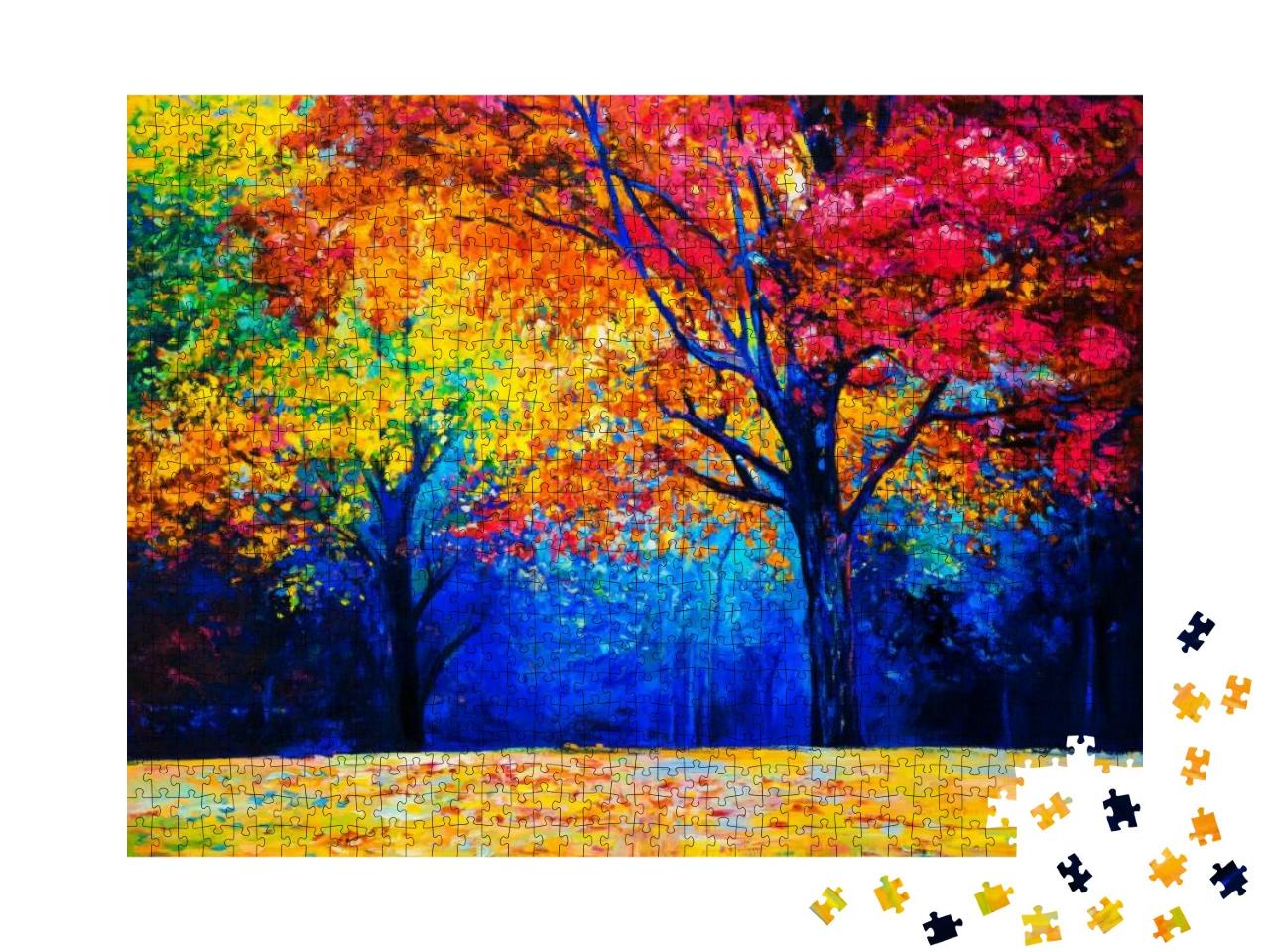 Original Oil Painting on Canvas. Autumn Trees. Modern Imp... Jigsaw Puzzle with 1000 pieces