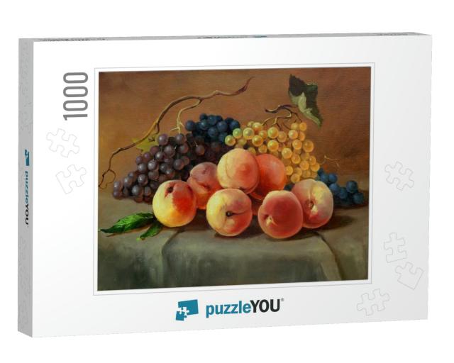Ripe Juicy Peaches & Grapes on the Table, Handmade Painti... Jigsaw Puzzle with 1000 pieces
