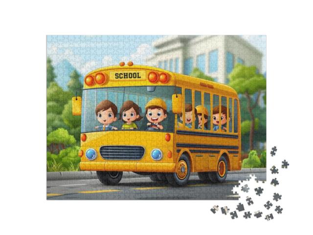 Happy Smiling Kids on a Yellow School Bus Jigsaw Puzzle with 1000 pieces