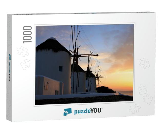 Mykonos Windmills At Sunset, Mykonos, Greece... Jigsaw Puzzle with 1000 pieces