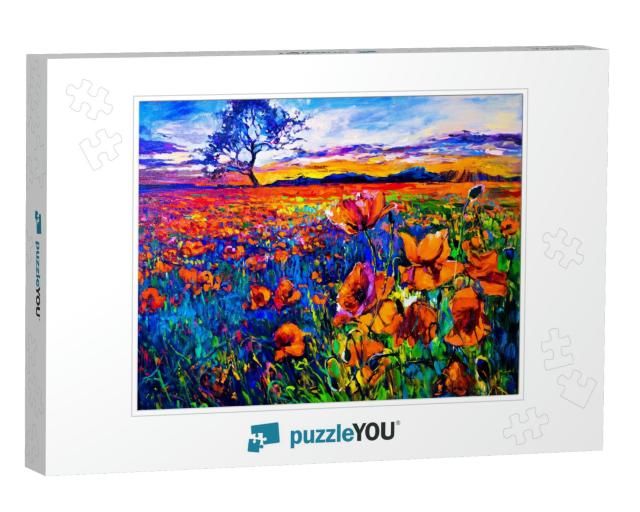 Original Oil Painting of Poppy Field in Front of Beautifu... Jigsaw Puzzle