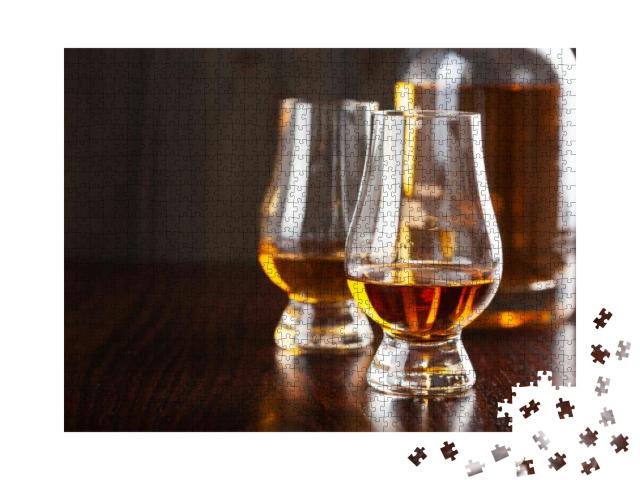 Bottle & Glass of Whisky Spirit Brandy on Dark Brown Back... Jigsaw Puzzle with 1000 pieces