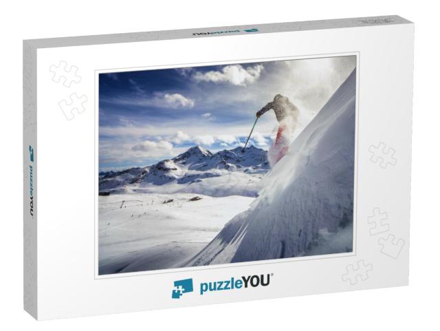 Free Ride Skier, Skiing Down Steep Slope, Good Background... Jigsaw Puzzle