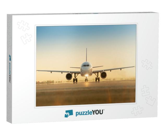 Sunset View of Airplane on Airport Runway Under Dramatic... Jigsaw Puzzle