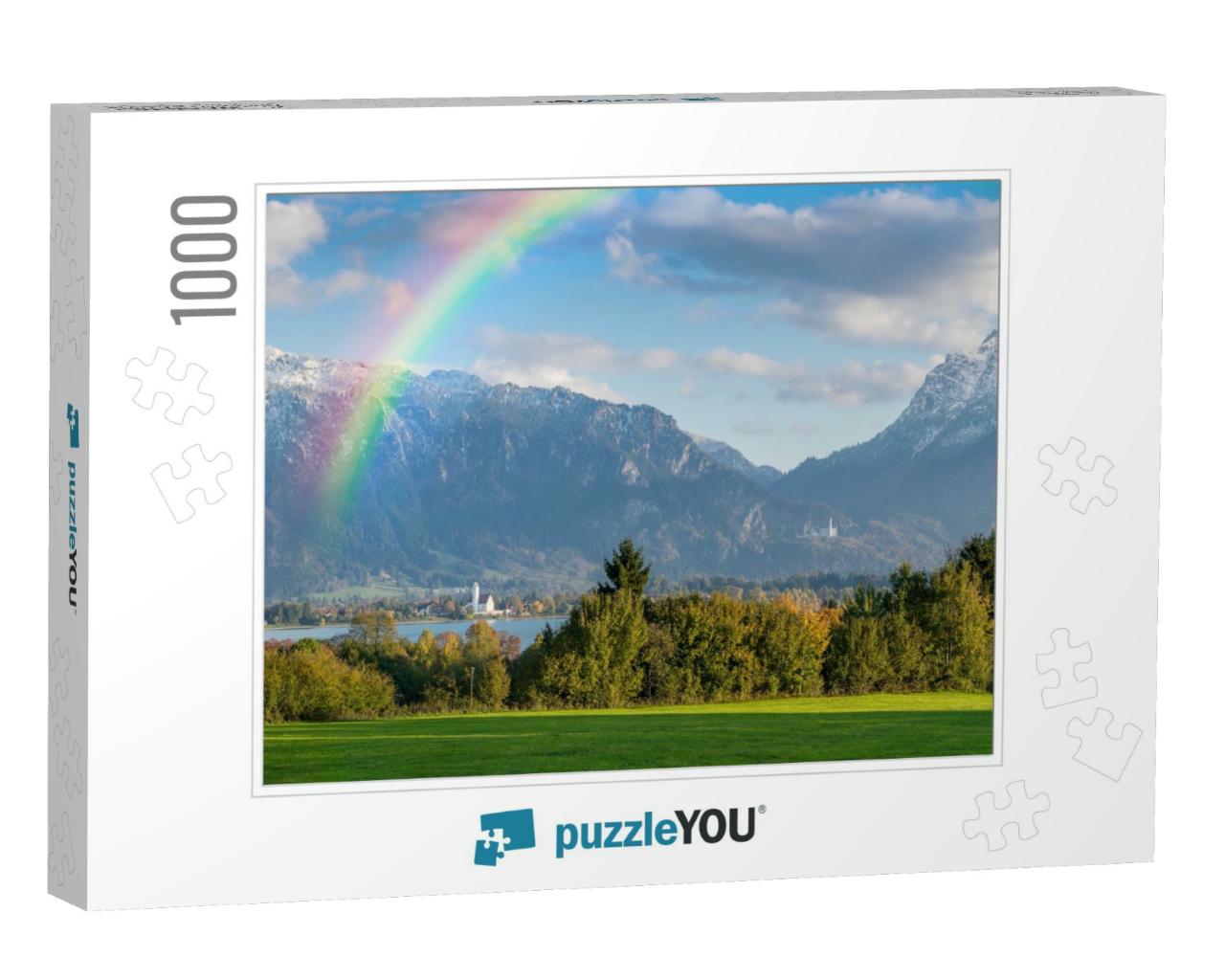 Autumn Landscape Panorama with Rainbow Over Lake & Alps M... Jigsaw Puzzle with 1000 pieces