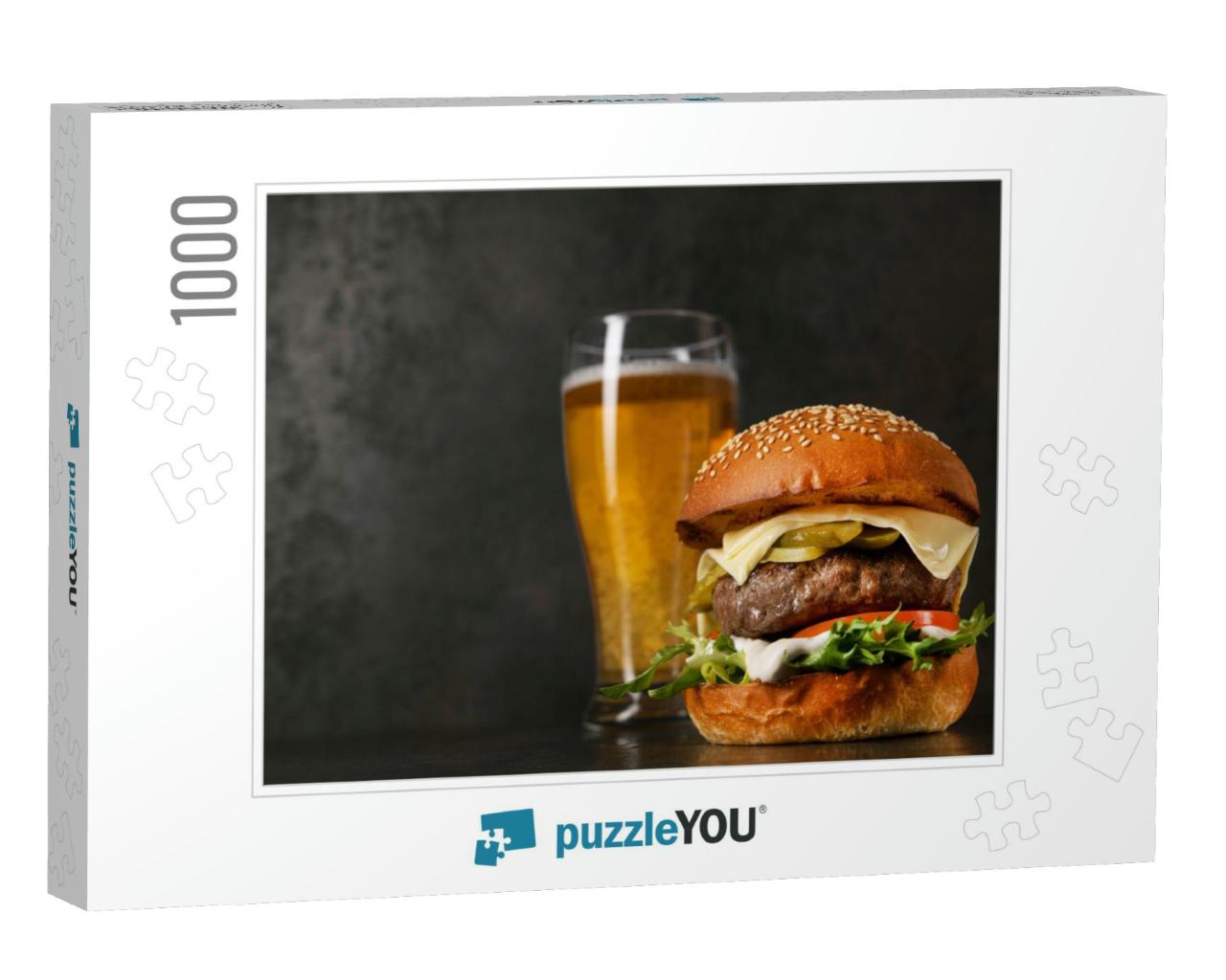 Delicious Classic Burger with Cutlet & Glass of Cold Beer... Jigsaw Puzzle with 1000 pieces