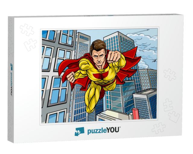 Cartoon Superhero in a Pop Art Comic Book Style Flying Ov... Jigsaw Puzzle
