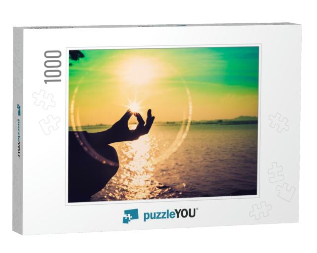 Silhouette, a Hand of Woman Meditating in a Yoga Pose or... Jigsaw Puzzle with 1000 pieces