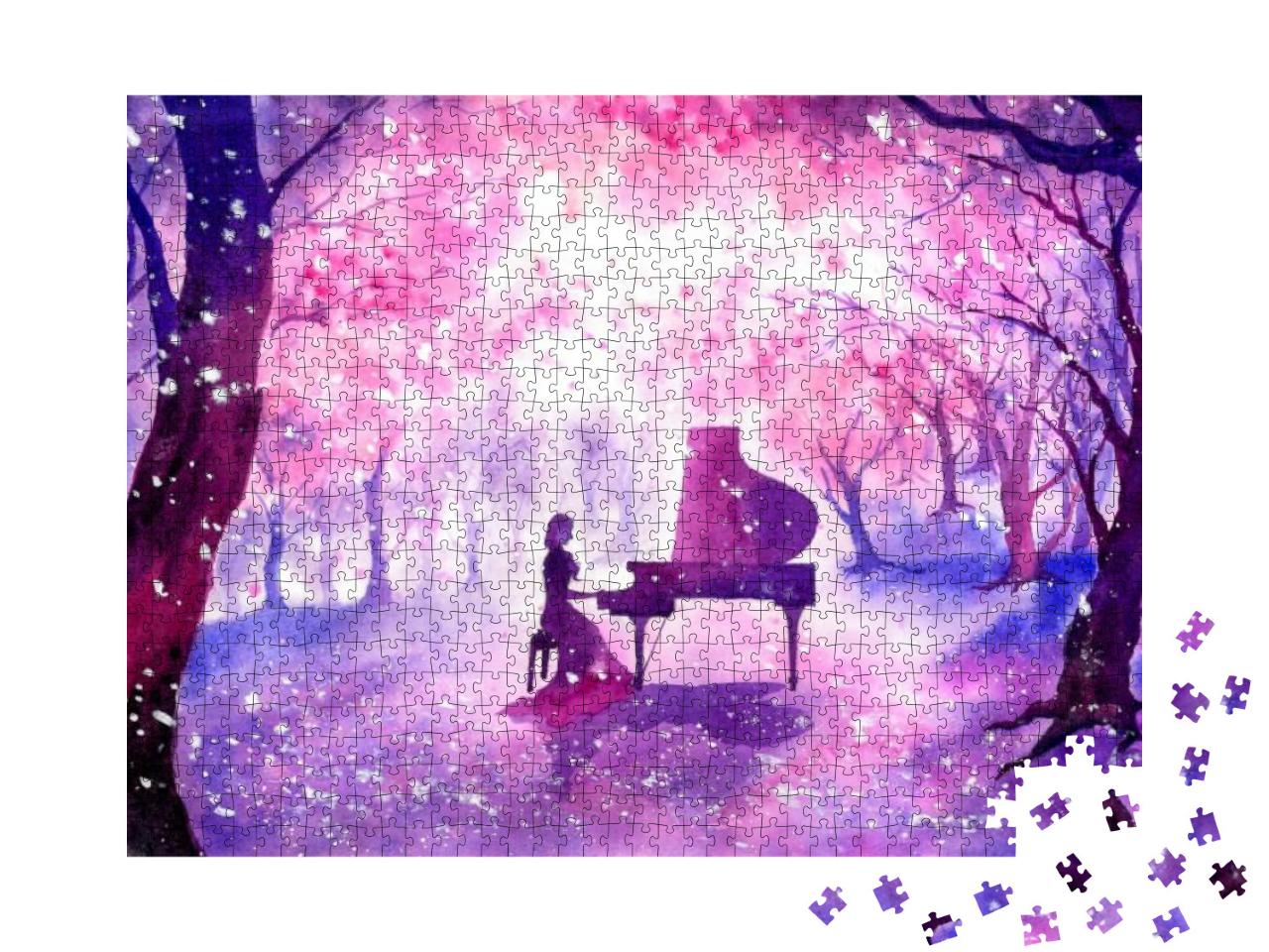 Watercolor Painting - Playing Piano Under Blossom Cherry... Jigsaw Puzzle with 1000 pieces