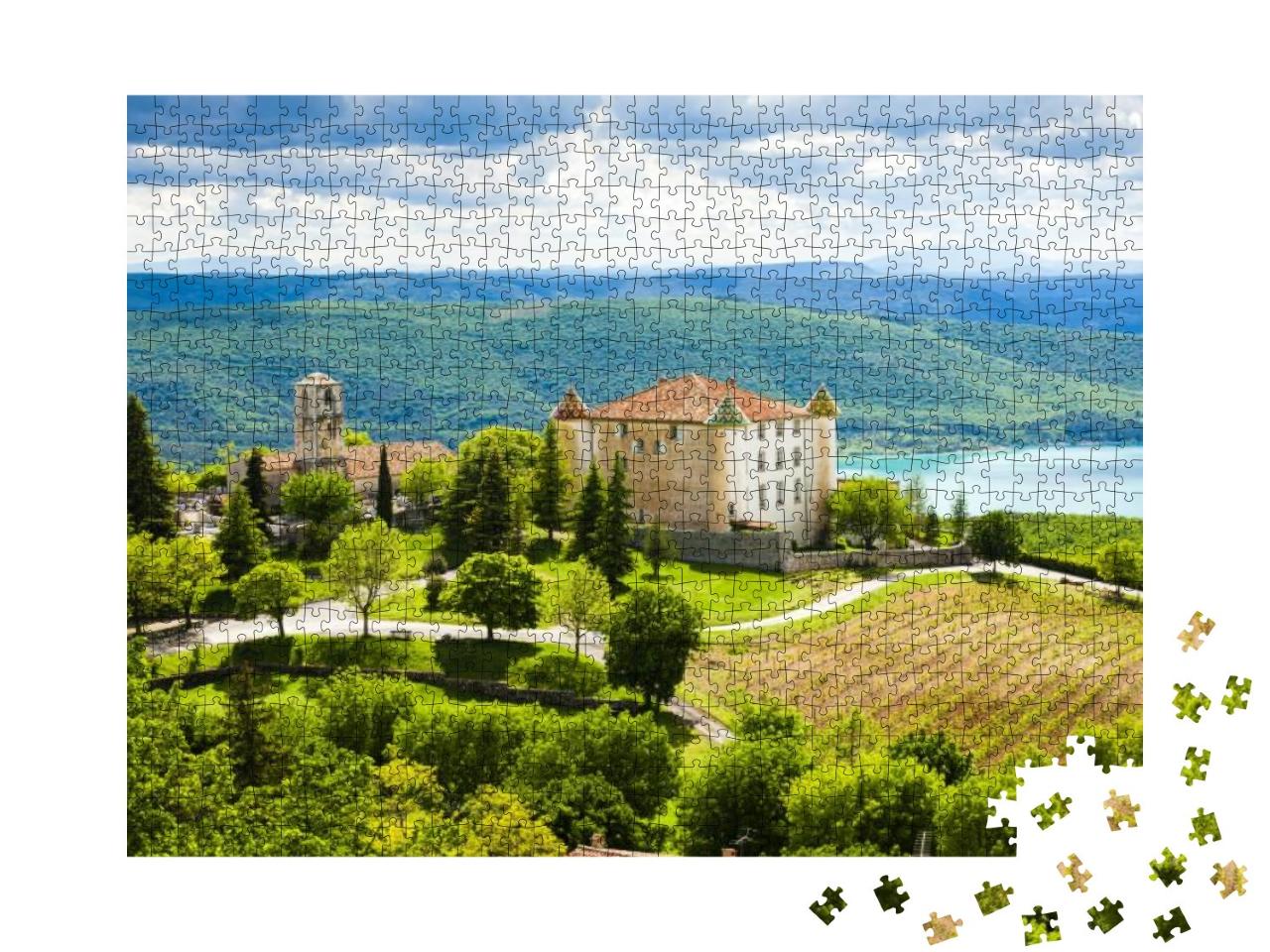 Chateau & Church in Aiguines & St Croix Lake At Backgroun... Jigsaw Puzzle with 1000 pieces