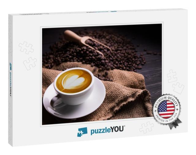 Cup of Coffee Latte with Heart Shape & Coffee Beans on Ol... Jigsaw Puzzle