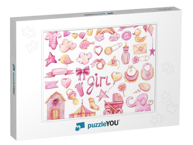 Watercolor Hand Painted Pink Girls Set. Its a Girl... Jigsaw Puzzle