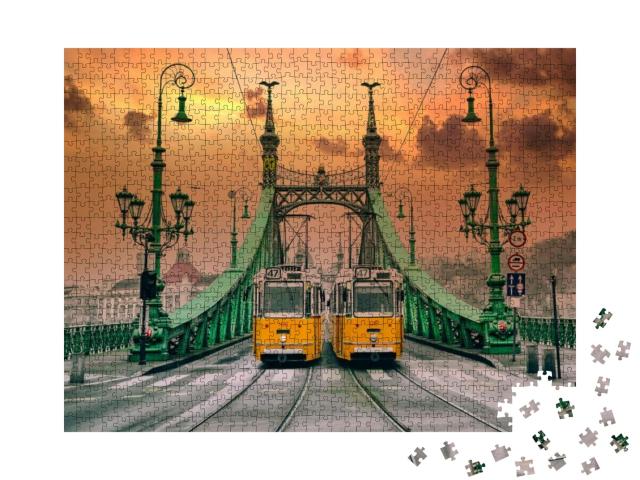 Two Old Yellows Trams on the Liberty Bridge in Budapest... Jigsaw Puzzle with 1000 pieces
